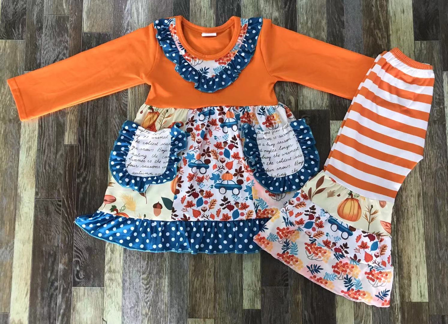 Fall Car Dress with Orange and White Bell Bottoms