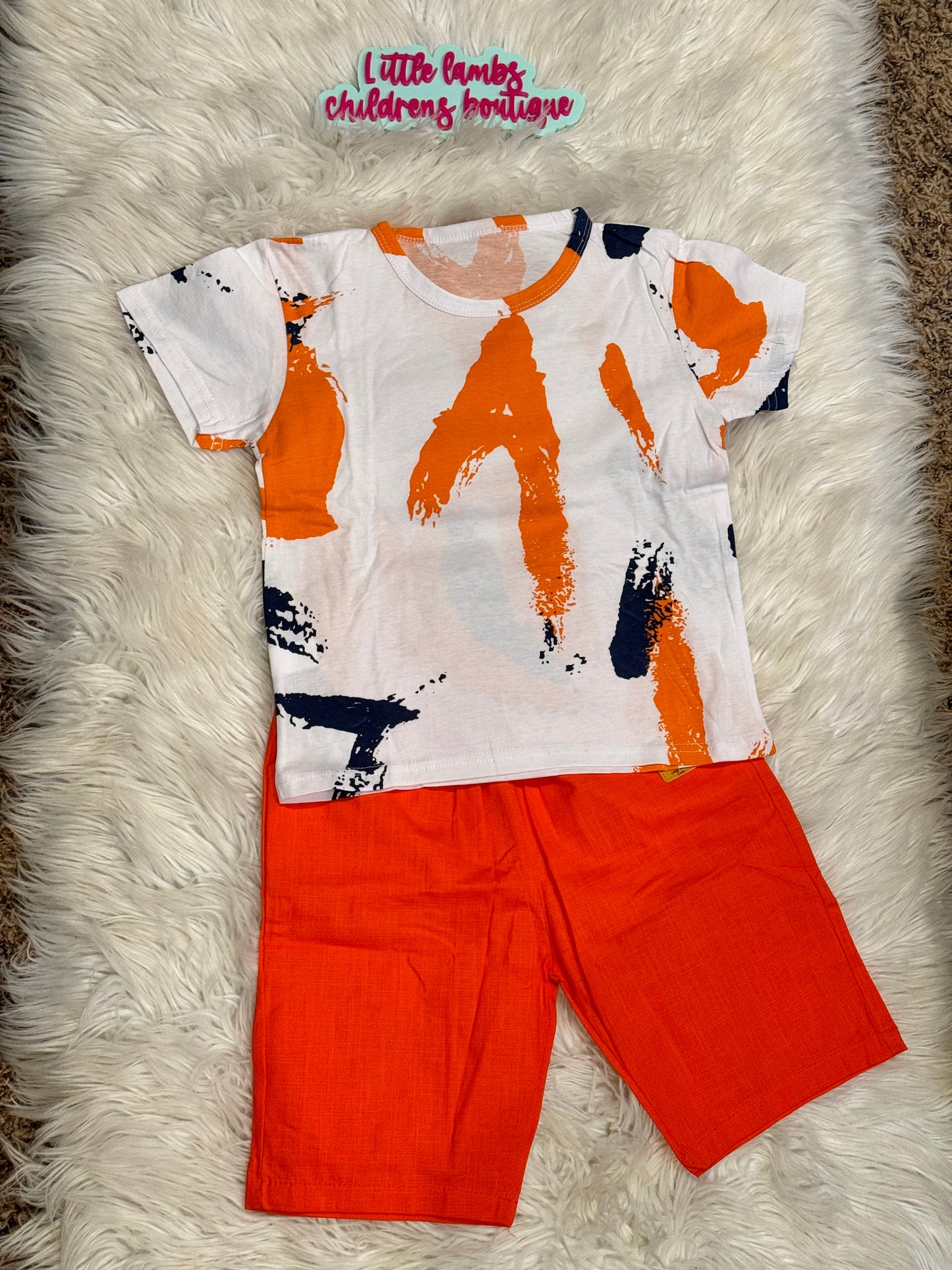 Paint beush orange and blue shirt with Blue shorts-runs big