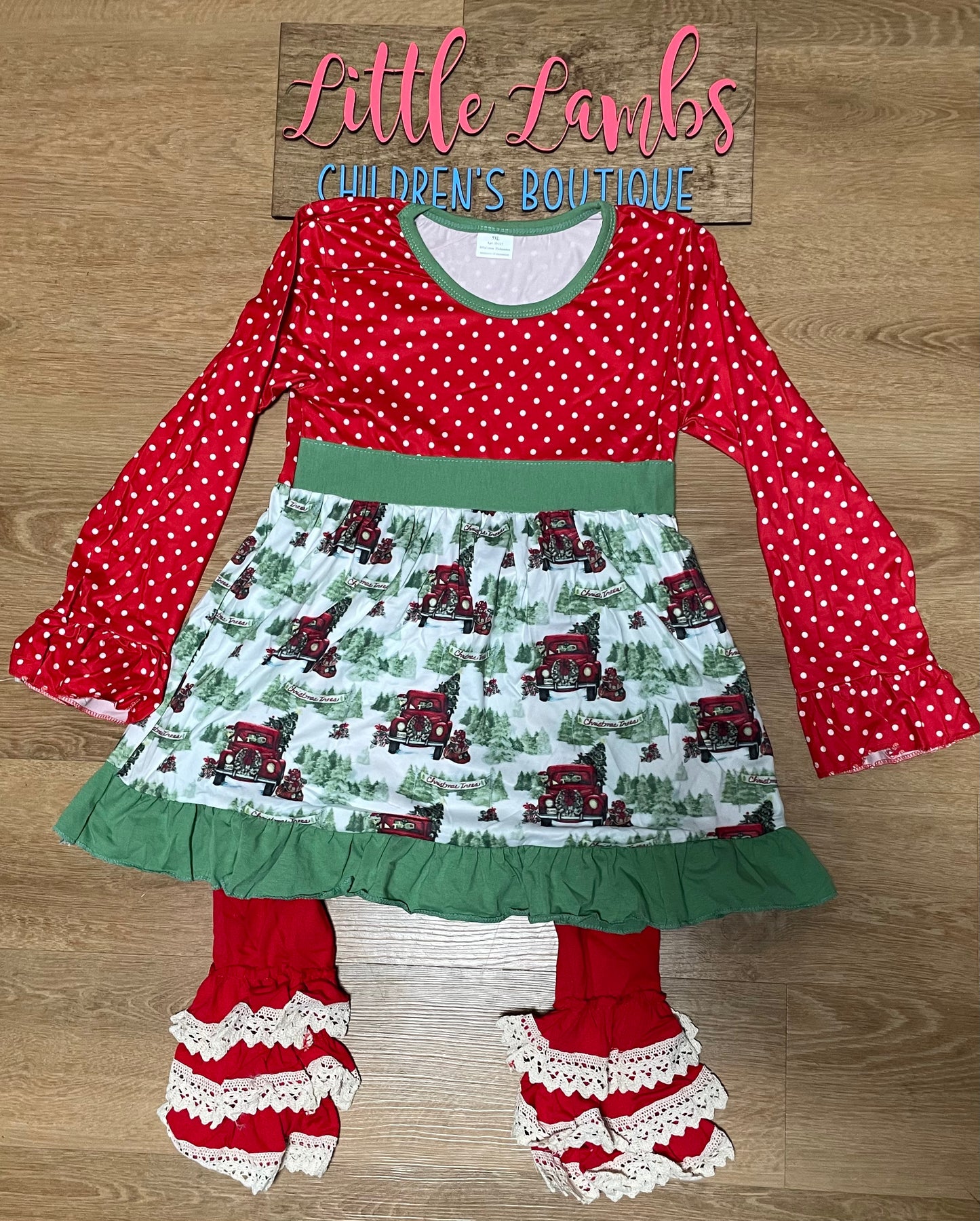 Christmas polka dot top with tree bottom dress with pants