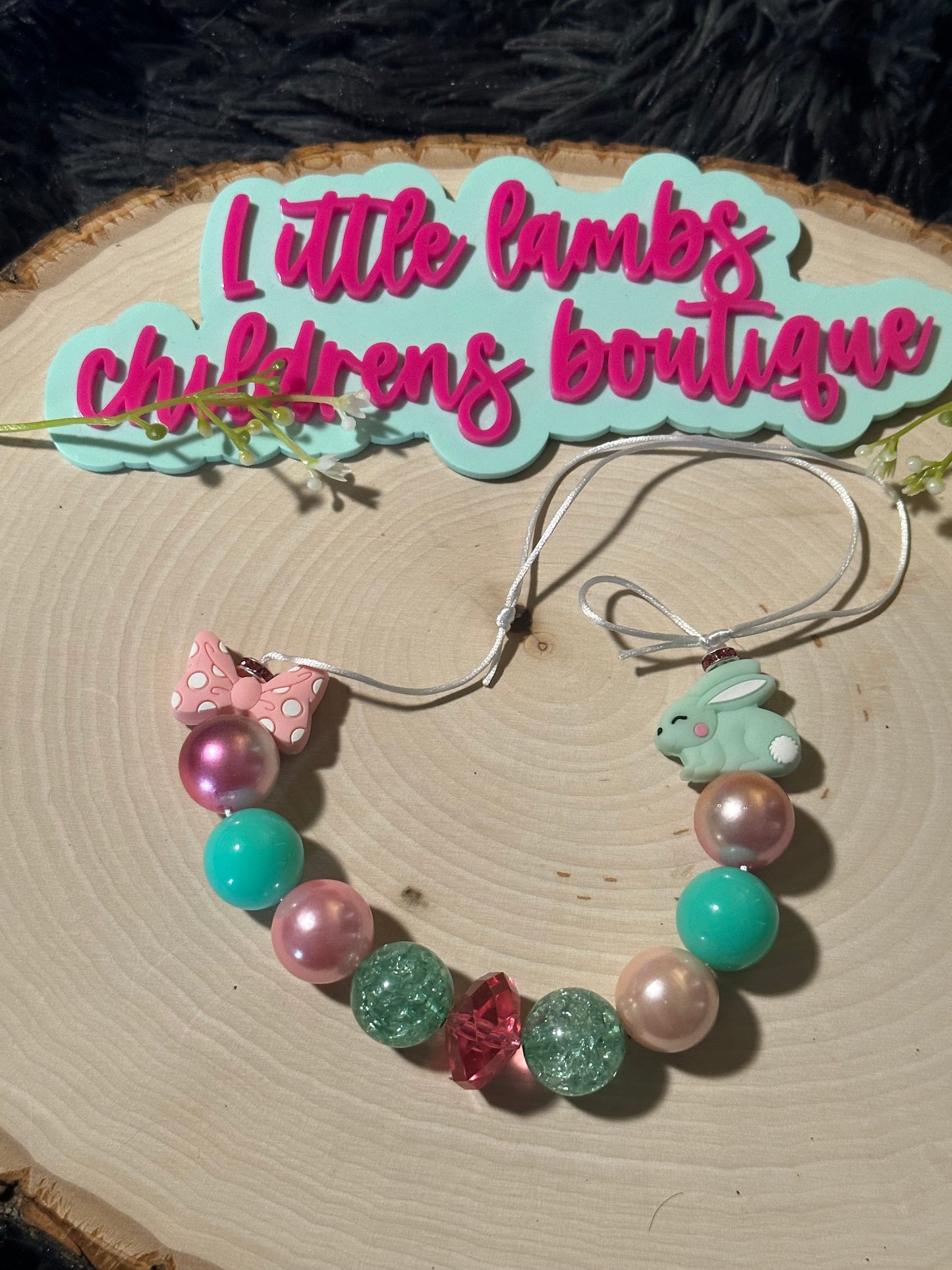 Silicone Bunny and bow necklace pink and mint