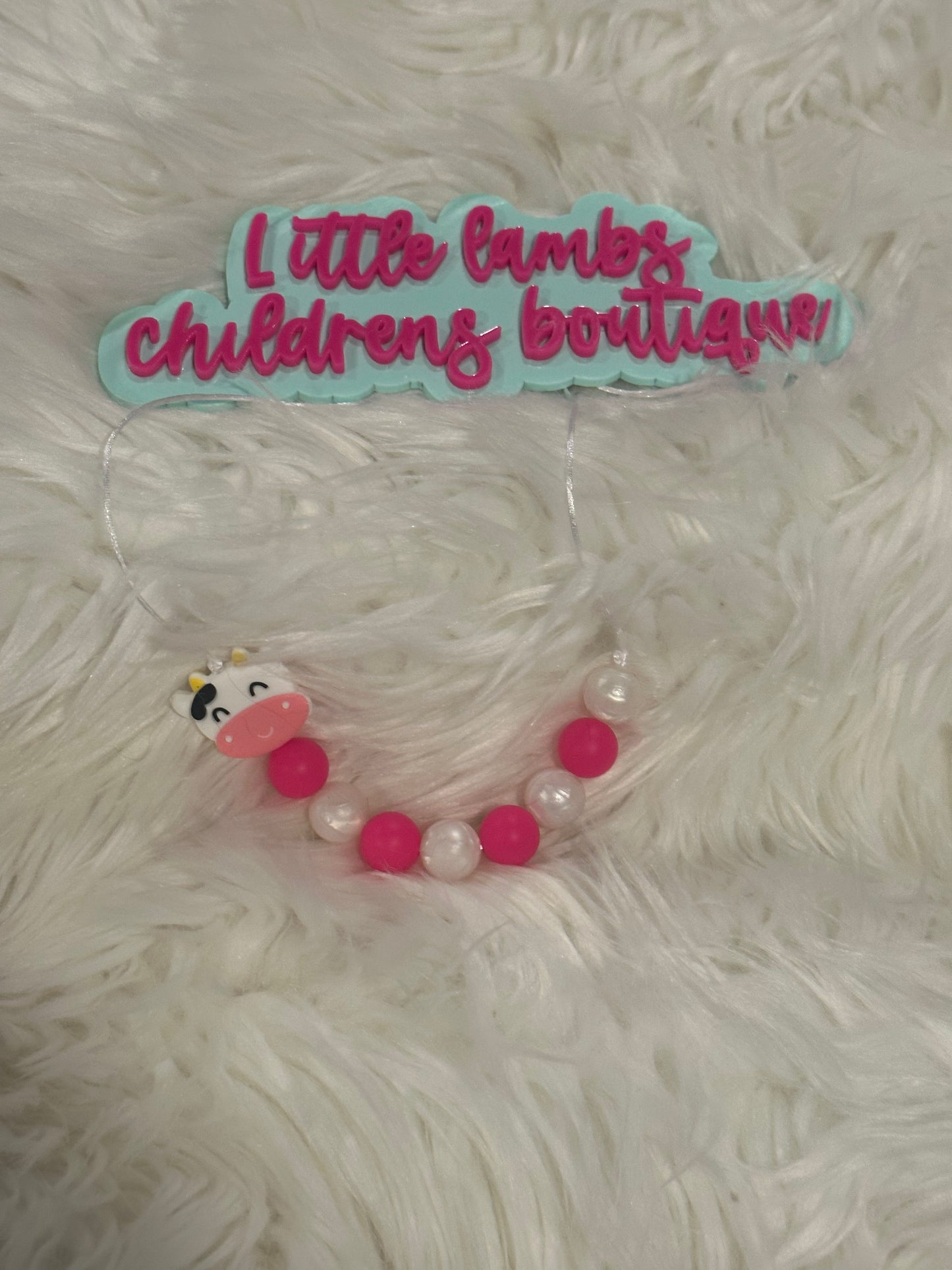 Baby silicone necklace with pink, white and cow