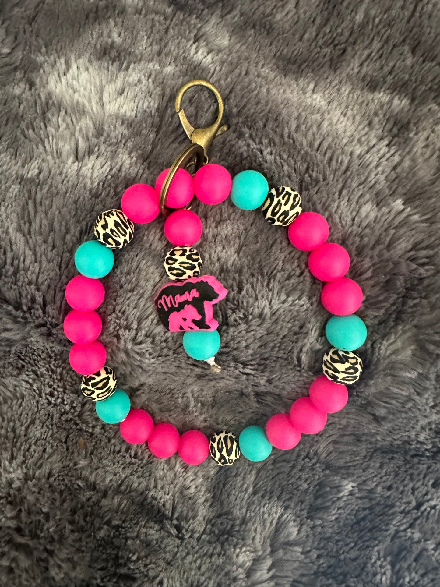 Pink leopard with pink mama bear focal bead wristlet