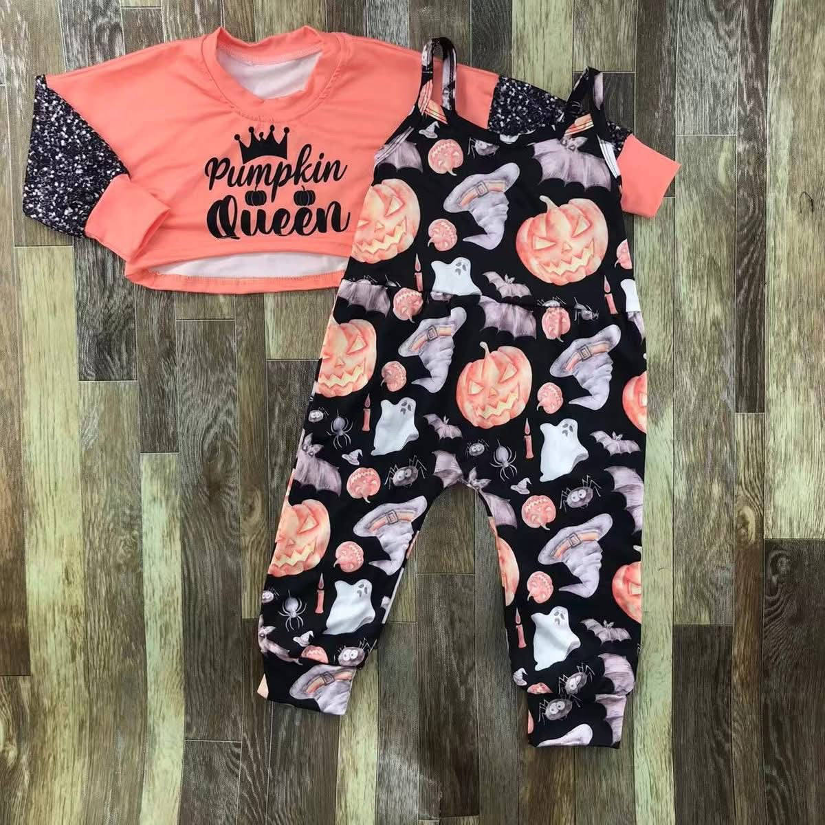 September-preorder-2025-pumpkin queen romper with long sleeve Ollie top