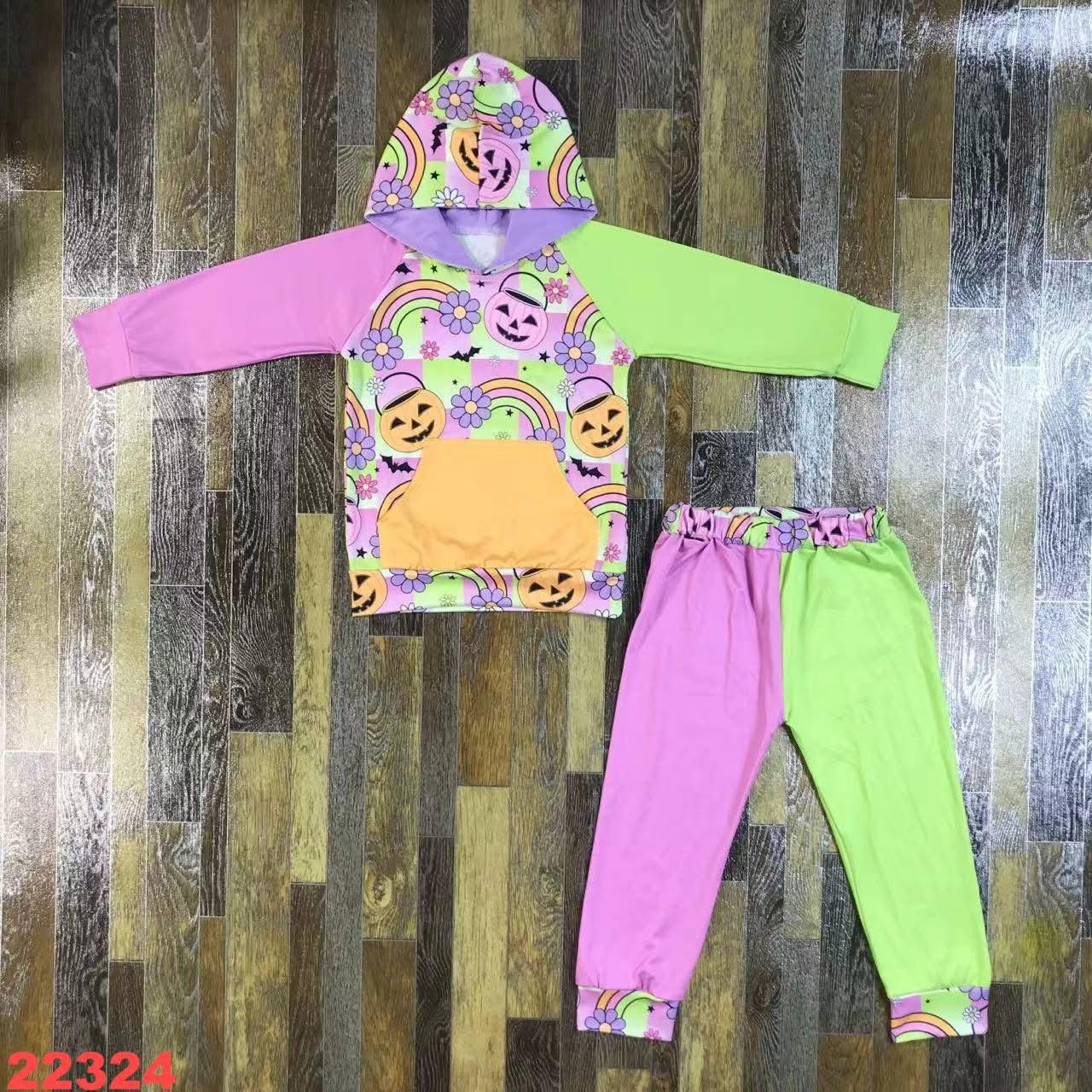 October2025preorder-green and pink half and half pant with printed hoodie