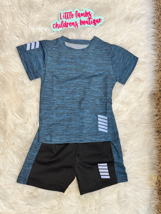 Blue and black shirt with black shorts- Gym cloth material