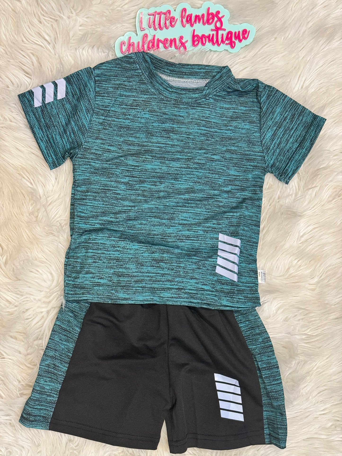 Green and black shirt with black shorts- Gym cloth material