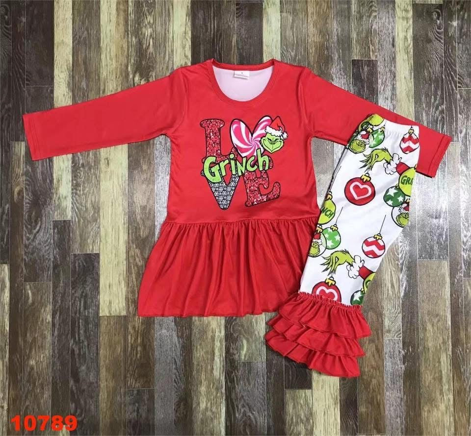 September-preorder-2025-clearance-red grinch love shirt with grinch print pants