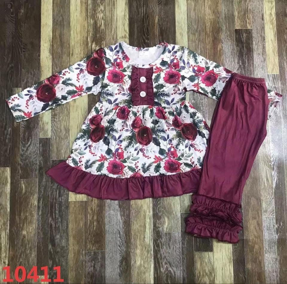 September-preorder-2025-clearance-maroon flower shirt with solid color pants