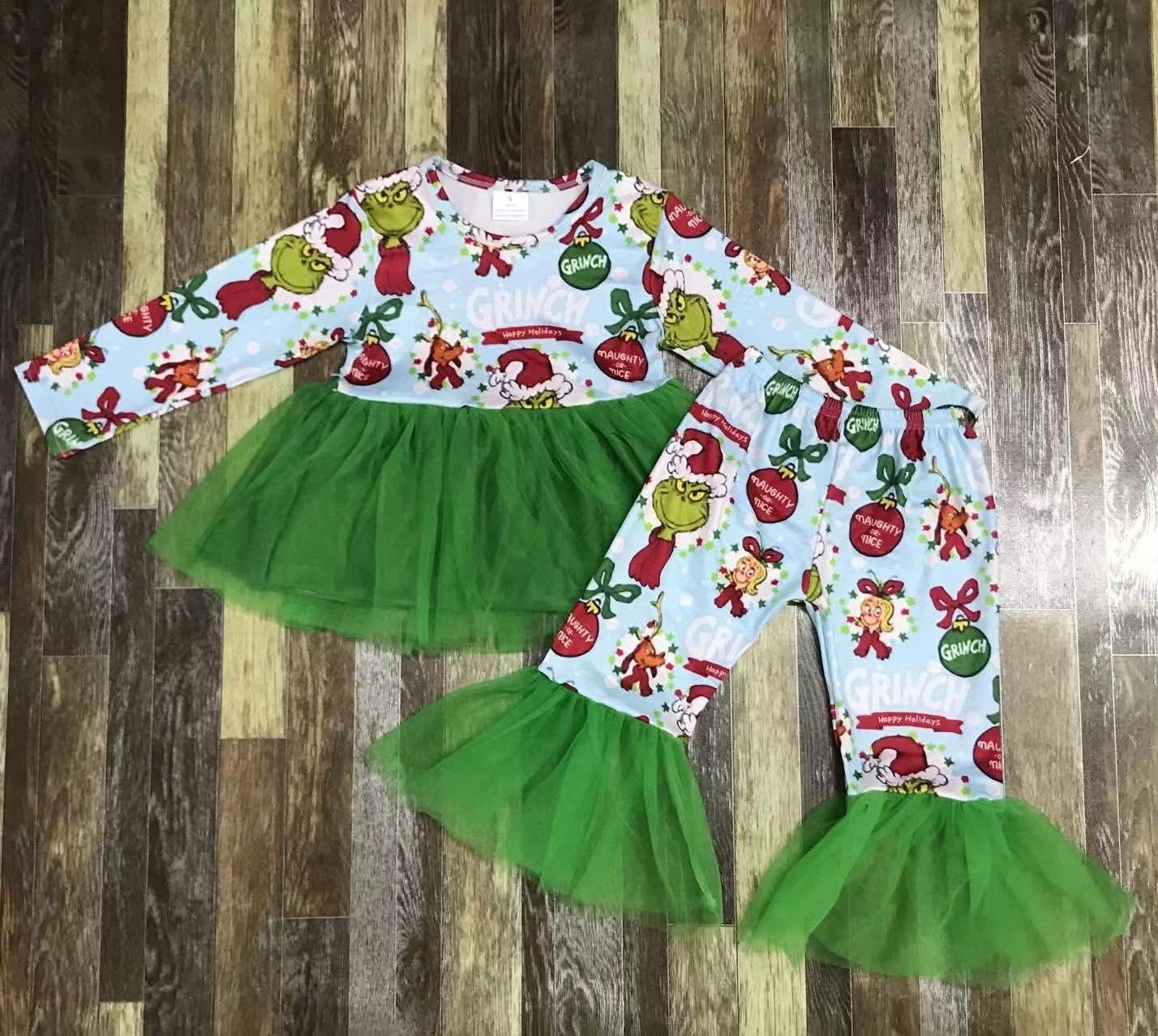 September-preorder-2025-clearance-grinch shirt and pant with green tulle