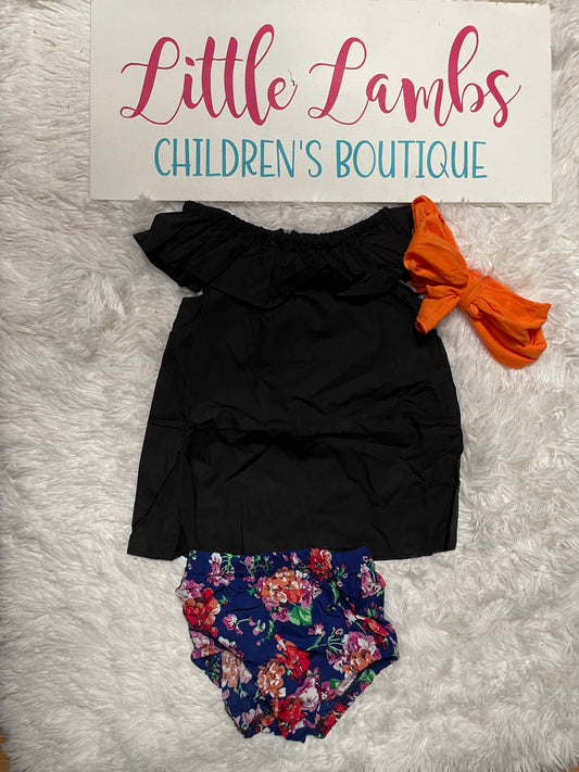 Black Shirt with Floral Bummies and headband