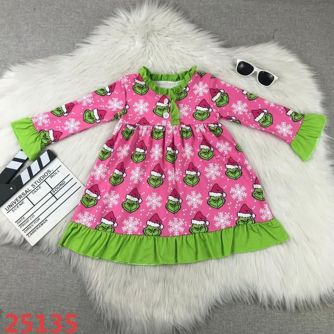 November 2025 preorder-pink grinch with green trim pajama dress