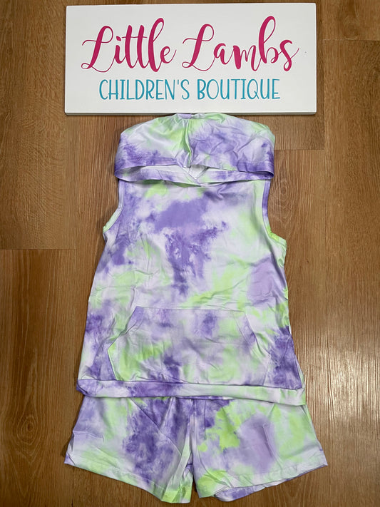 Purple and Green Sleeveless hooded Tie Dye Outfit