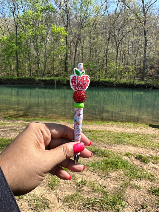 RTS pen - white best teacher with red rhinestone and green solid