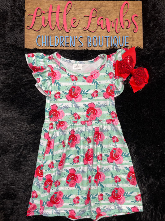 Green Dress with Pink and Red Flowers