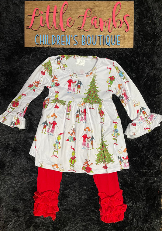 Mean green one printed dress with red legging Christmas