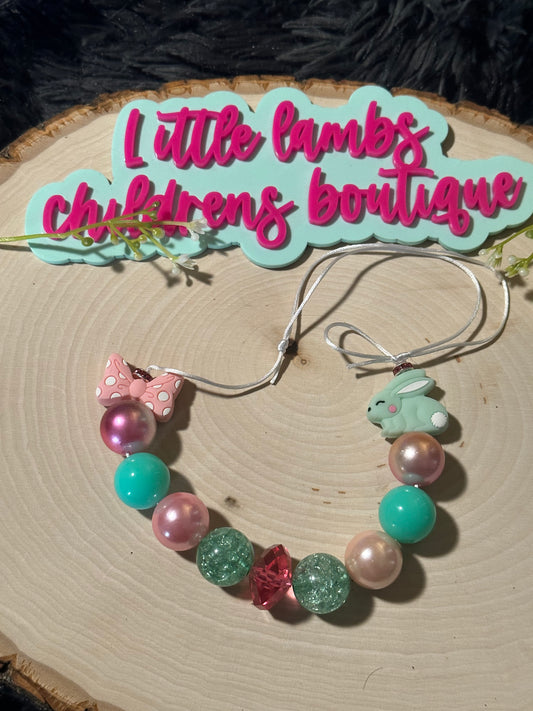 Silicone Bunny and bow necklace pink and mint
