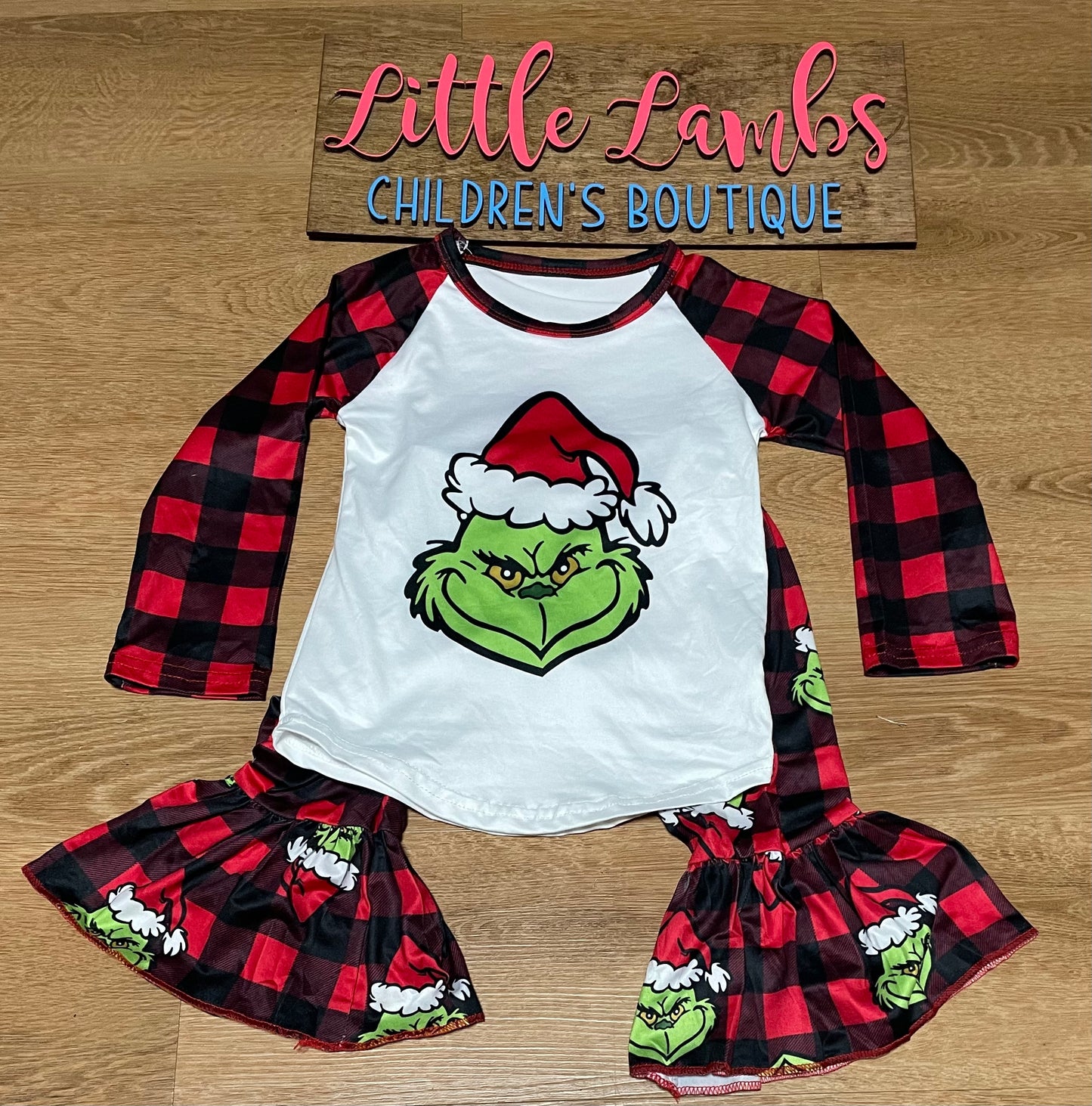 Christmas plaid Mean Green one shirt with plaid bell botto