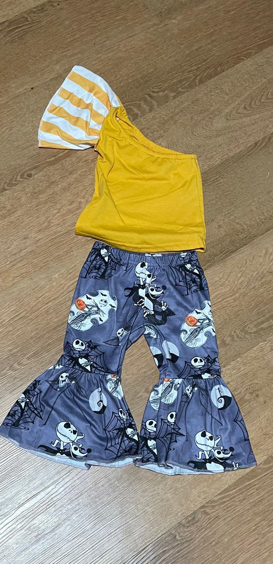 Yellow off the shoulder shirt with Nightmare Before Christmas Pants