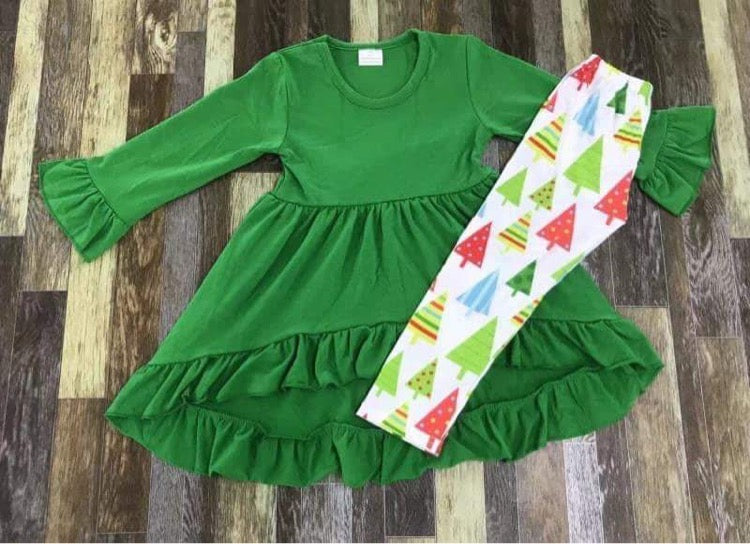 Green High Low Dress with Tree Leggings