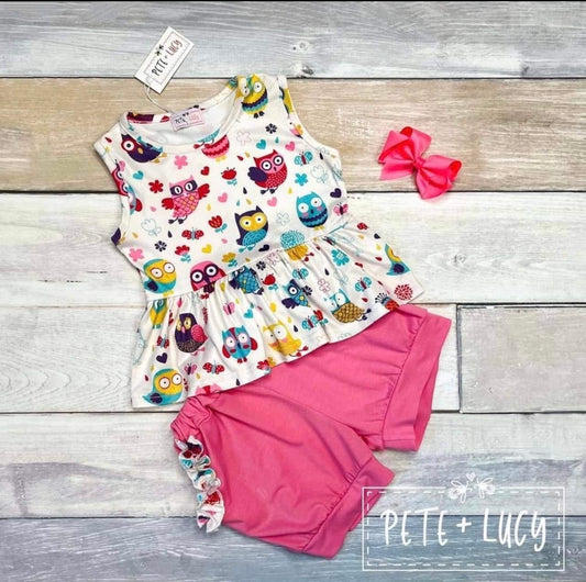 Pete and Lucy- Owl Shorts Set