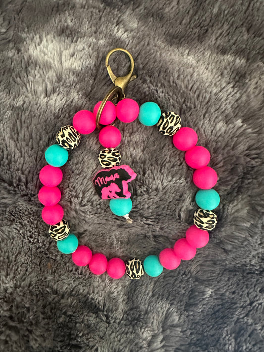 Pink leopard with pink mama bear  focal bead wristlet